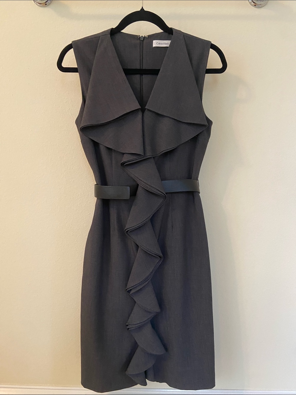 Calvin Klein Sleeveless Ruffle Sheath Dress in Charcoal Gray
